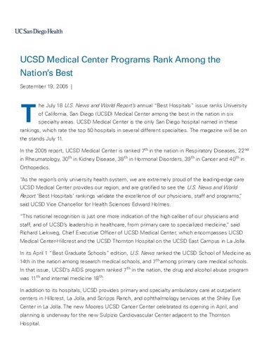 UCSD Medical Center Programs Rank Among the Nation’s Best - 2005