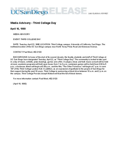 Media Advisory - Third College Day