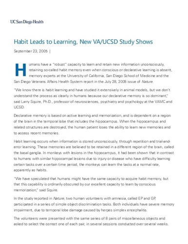 Habit Leads to Learning, New VA/UCSD Study Shows