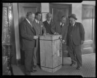 Crate containing a trunk, evidence in the Aimee Semple McPherson disappearance case, at the district attorney's office, Los Angeles, 1926