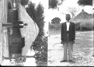 African man in front of a hut, Makulane, Mozambique, ca. 1896-1911
