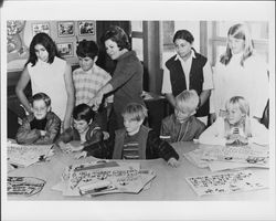 Oak Grove School students with Halloween carnival posters, Graton, California, October, 1970