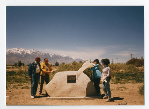 Color photo of 1986 pilgrimage showing unveiling of National Historic Landmark plaque and marker