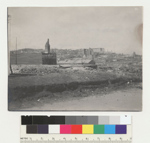 [Ruins, unidentified location. Looking northeast to Fairmont Hotel and Nob Hill.]