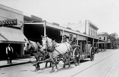 Horses pulling wagon through downtown Chico