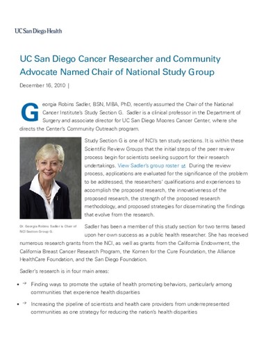 UC San Diego Cancer Researcher and Community Advocate Named Chair of National Study Group