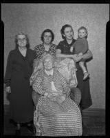 Sarah Engle turns 100, surrounded by her family: daughter Ella Gray, granddaughter Mary Poore, great-granddaughter Elinore Bowman and great-great-grandson Richard Bowman, South Pasadena, 1936