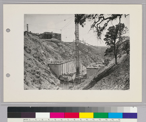Pardee Dam, General Construction View,--Showing mixing plant on south bank