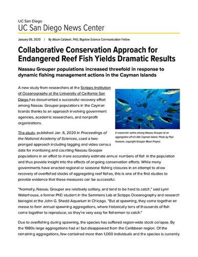 Collaborative Conservation Approach for Endangered Reef Fish Yields Dramatic Results