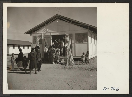 One of the barracks which was used as an exhibit room at the Harvest Festival on Thanksgiving day. Photographer: Stewart, Francis Rivers, Arizona