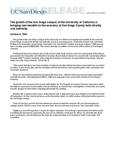 The growth of the San Diego campus of the University of California is bringing new benefits to the economy of San Diego County both directly and indirectly