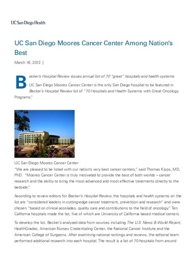 UC San Diego Moores Cancer Center Among Nation's Best