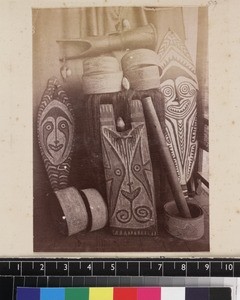 Still life of shields and belts, Papua New Guinea, ca. 1890