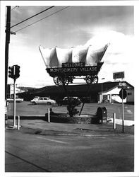 Covered wagon sign at Montgomery Village, Santa Rosa, California, 1962