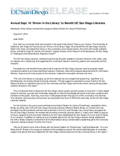 Annual Sept. 16 ‘Dinner in the Library’ to Benefit UC San Diego Libraries--Benefactor Arthur Brody honored with inaugural Geisel Citation for Library Philanthropy