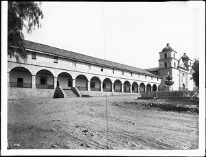 Mission Santa Barbara, showing front view from west showing fountain, California, 1898