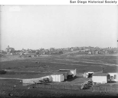 View of horse corral and Lincoln Park with Sherman School and Cuyamaca Railroad right of way