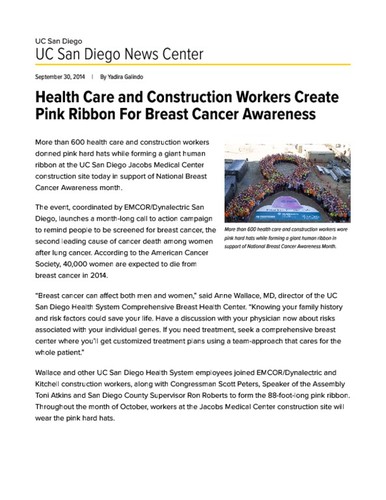 Health Care and Construction Workers Create Pink Ribbon For Breast Cancer Awareness