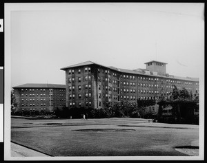 Exterior view of the Ambassador Hotel from a golf course, ca.1920-1929