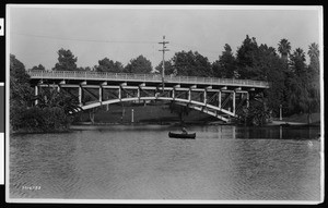 Automotive bridge over a lake at Hollenbeck Park, ca.1924
