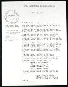 McGlothen, letter, 1991, to "beloved supervisor"