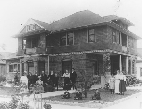 Louis Gunther family gathered outside home at 206 W. Almond Avenue at Olive, ca. 1908
