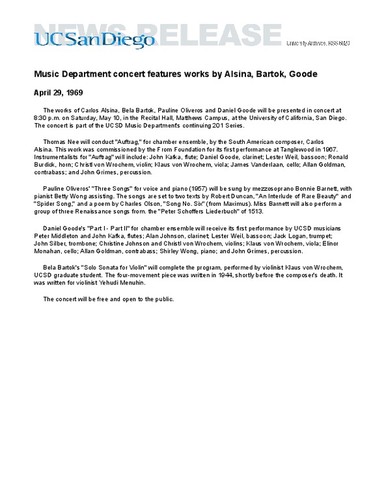 Music Department concert features works by Alsina, Bartok, Goode