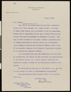 Herbert Putnam, letter, 1938-03-02, to Hamlin Garland