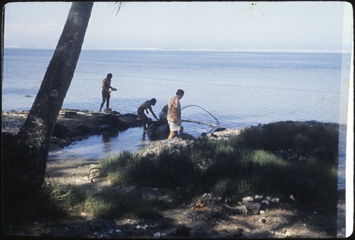 Tridacna fishermen opening their catch, Aurora Natua with them, Papara, Tahiti