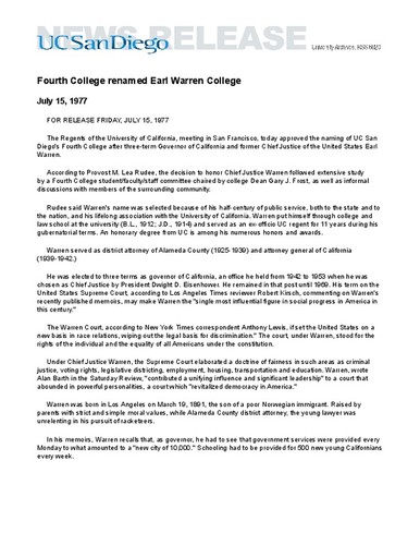 Fourth College renamed Earl Warren College