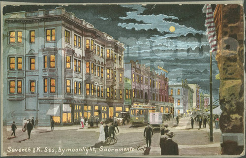 7th & K Streets, by Moonlight, Sacramento, Cal. - The Acmegraph Co