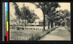 Pathway in front of mission buildings, Congo, ca.1920-1940