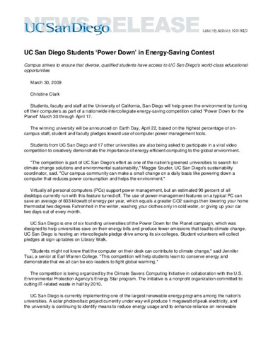 UC San Diego Students ‘Power Down’ in Energy-Saving Contest--Campus strives to ensure that diverse, qualified students have access to UC San Diego's world-class educational opportunities