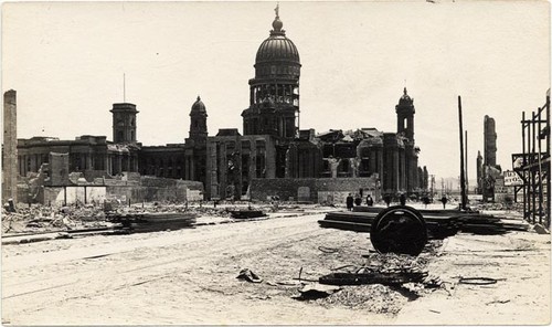 [Burned and shaken City Hall from Larkin and Turk streets]