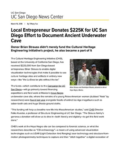Local Entrepreneur Donates $225K for UC San Diego Effort to Document Ancient Underwater Cave