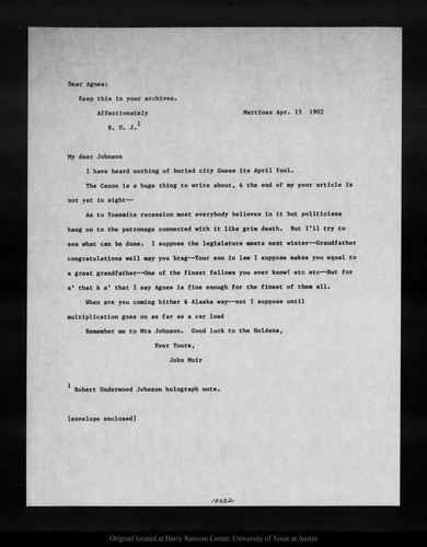Letter from John Muir to [Robert Underwood] Johnson, 1902 Apr 15
