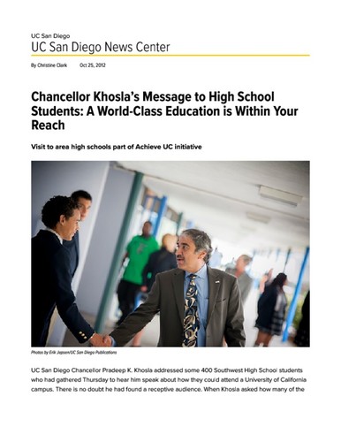 Chancellor Khosla’s Message to High School Students: A World-Class Education is Within Your Reach