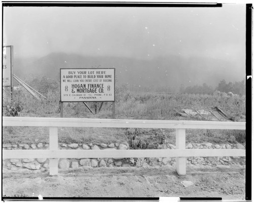 Sign advertising financing for lots at corner of New York and Allen, Pasadena. 1925