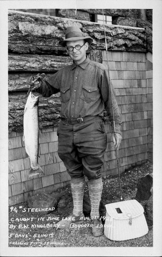 9 1/4 lb Steelhead caught in June Lake August 1, 1928 by E.W. Kingsbery - Boulder Lodge 5 Days - 5 Limits