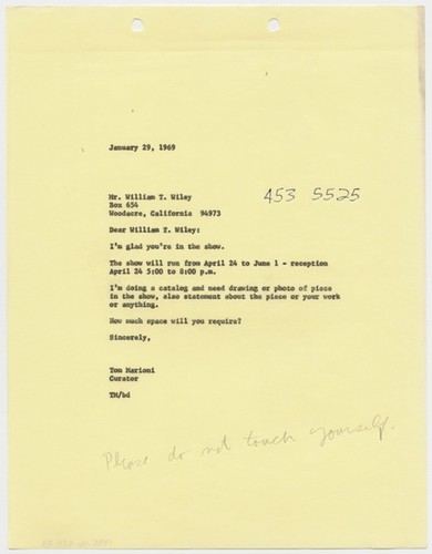 Letter to William T. Wiley from Tom Marioni (Invisible Painting and Sculpture)