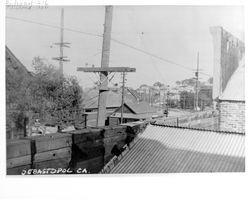 View of Petaluma and Santa Rosa Railroad tracks, Sebastopol, California from the roofs on the west side of South Main Street