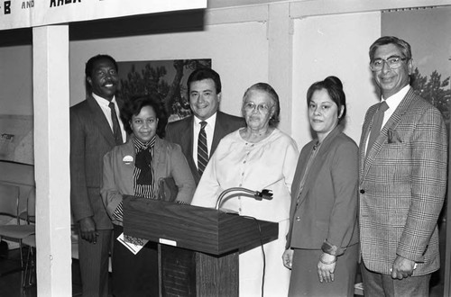 Estelle Van Meter posing with new teachers, Los Angeles, 1986