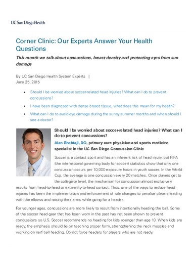 Corner Clinic: Experts Answer Your Health Questions - June 2015
