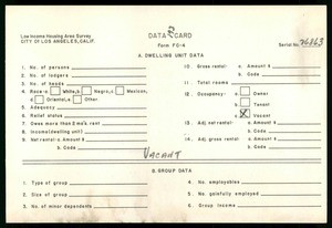 WPA Low income housing area survey data card 193, serial 26863, vacant