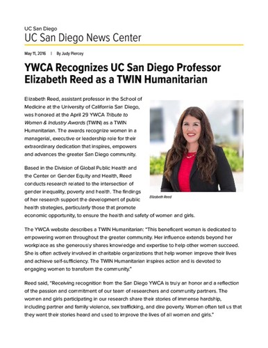 YWCA Recognizes UC San Diego Professor Elizabeth Reed as a TWIN Humanitarian