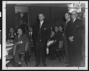University of Southern California football coach Jess Hill speaking at the New York Trojan Alumni Club meeting, New York, 1951
