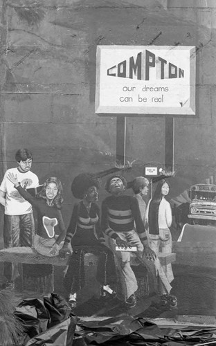 Mural depicting students at a Compton bus stop, Compton, California, 1975