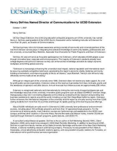 Henry DeVries Named Director of Communications for UCSD Extension