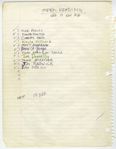 Open Mike Night, Signup Sheet, 19 November 1986