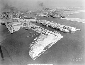 Aerial view of the Port of Los Angeles looking up the channel, May 1, 1933